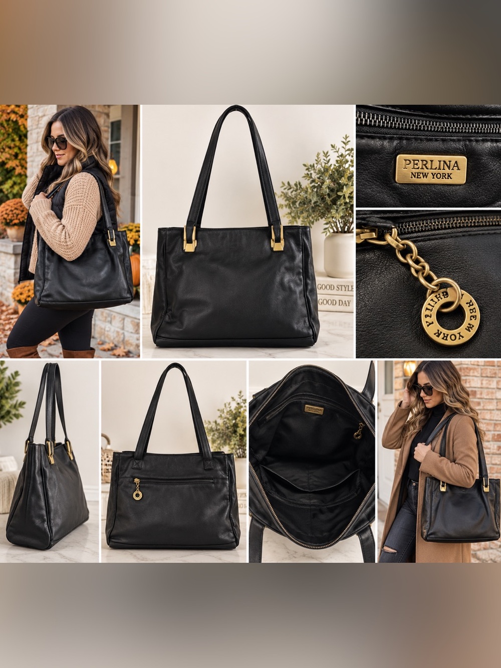 Vintage Perlina New York Black Leather Tote Shoulder Bag Gold Hardware